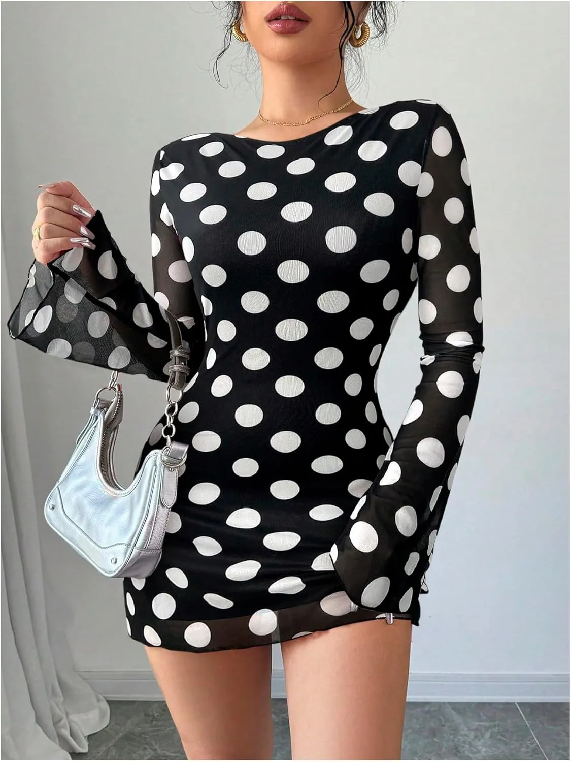 MakeMeChic Women's Floral Print Long Sleeve Mini Dress Mesh Backless Y2k Going Out Dresses