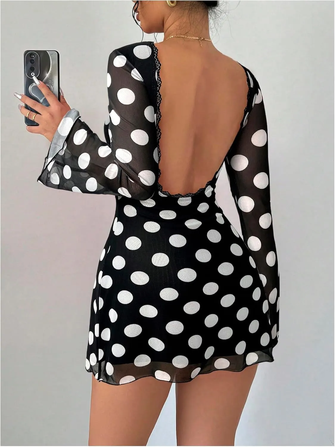 MakeMeChic Women's Floral Print Long Sleeve Mini Dress Mesh Backless Y2k Going Out Dresses