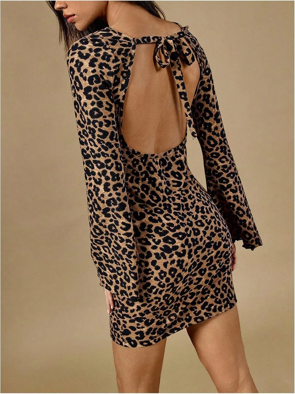 MakeMeChic Women's Leopard Print Open Back Mini Dress Long Sleeve Crew Neck Bodycon Short Dresses