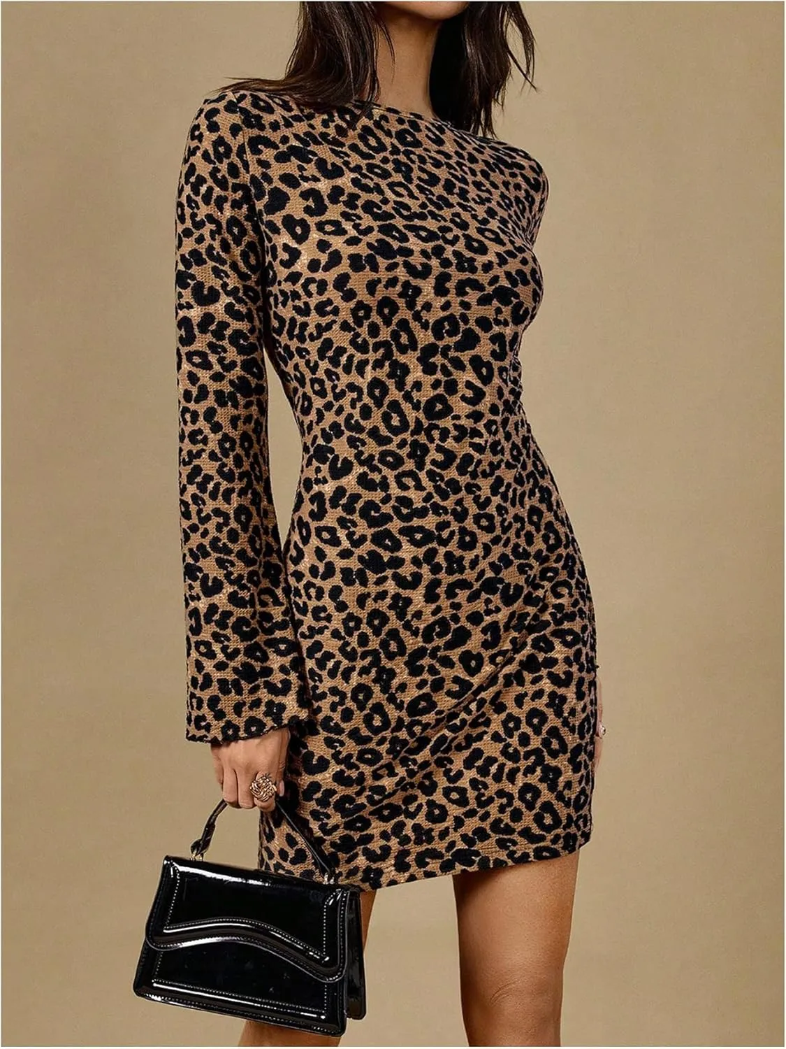 MakeMeChic Women's Leopard Print Open Back Mini Dress Long Sleeve Crew Neck Bodycon Short Dresses