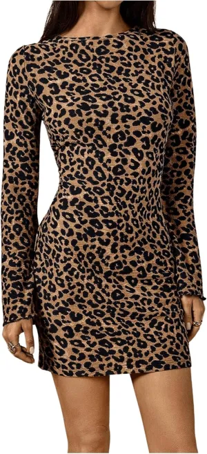 MakeMeChic Women's Leopard Print Open Back Mini Dress Long Sleeve Crew Neck Bodycon Short Dresses