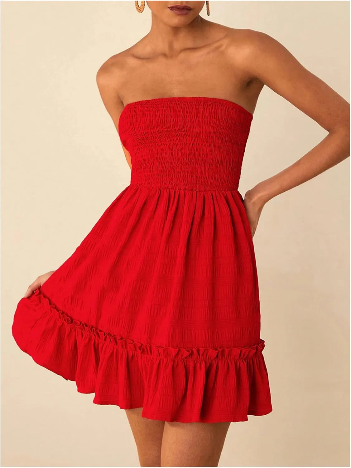 MakeMeChic Women's Shirred Bandeau Mini Dress Strapless Ruffle Frill Trim A Line Dresses