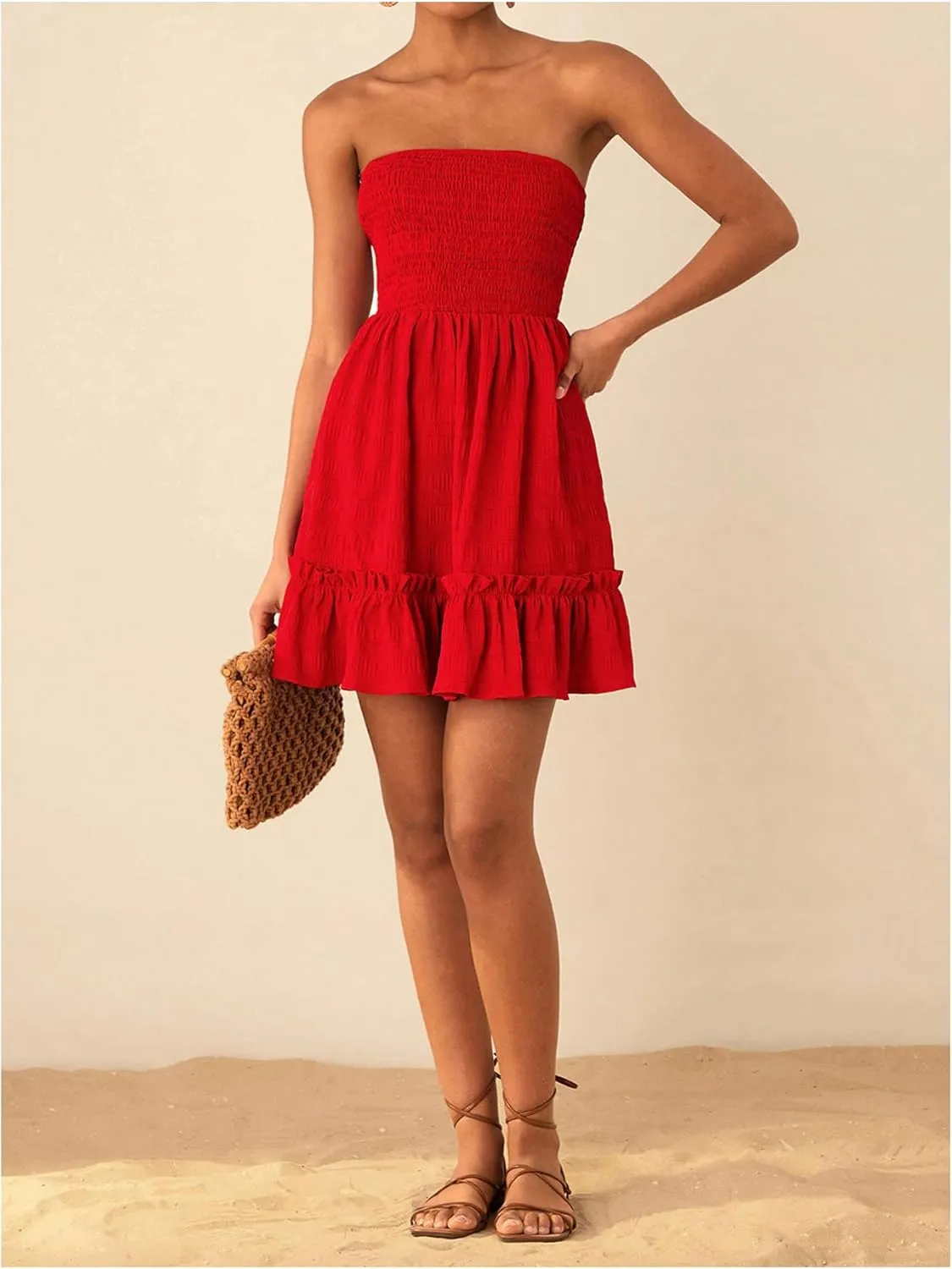 MakeMeChic Women's Shirred Bandeau Mini Dress Strapless Ruffle Frill Trim A Line Dresses
