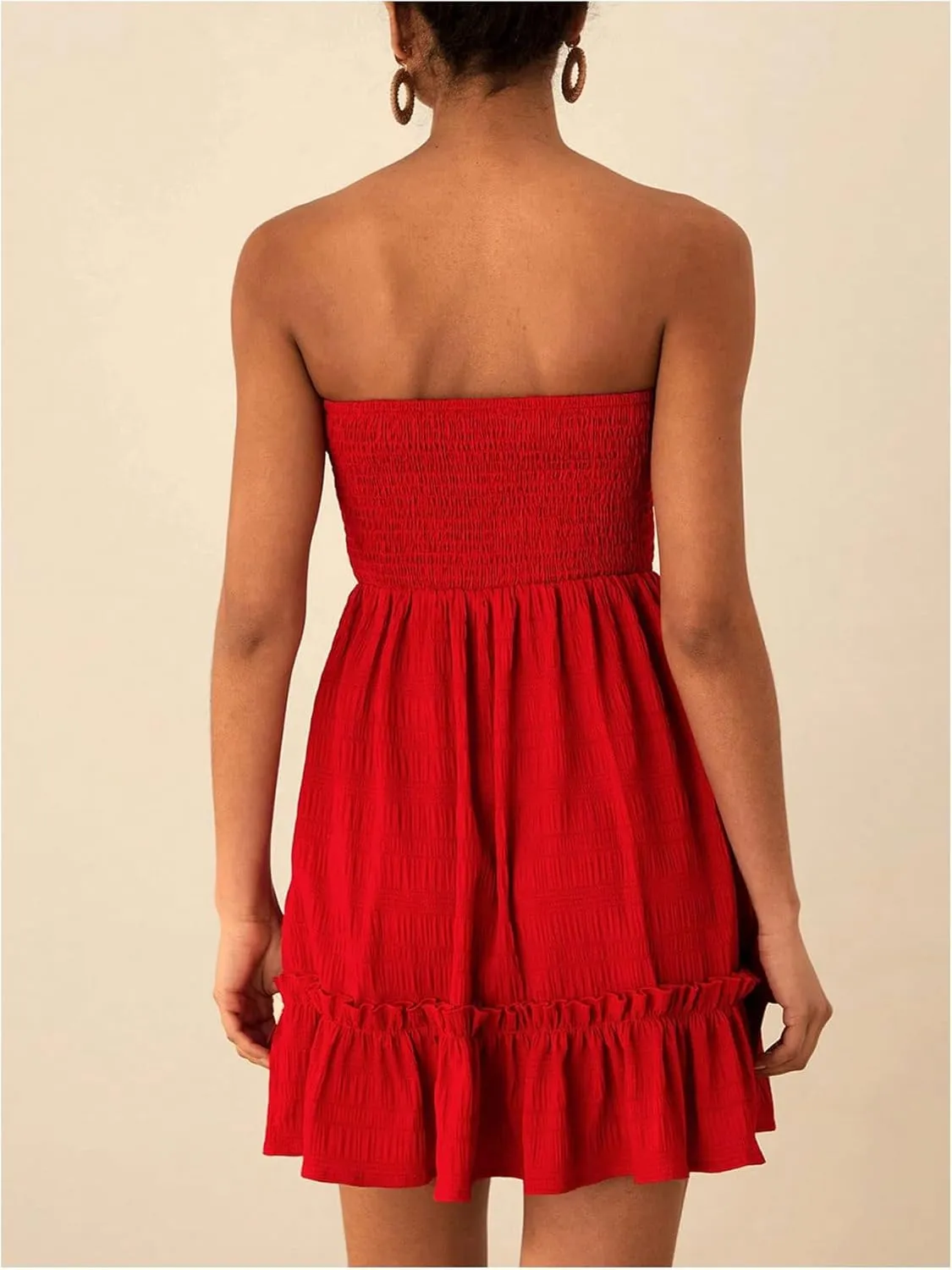 MakeMeChic Women's Shirred Bandeau Mini Dress Strapless Ruffle Frill Trim A Line Dresses