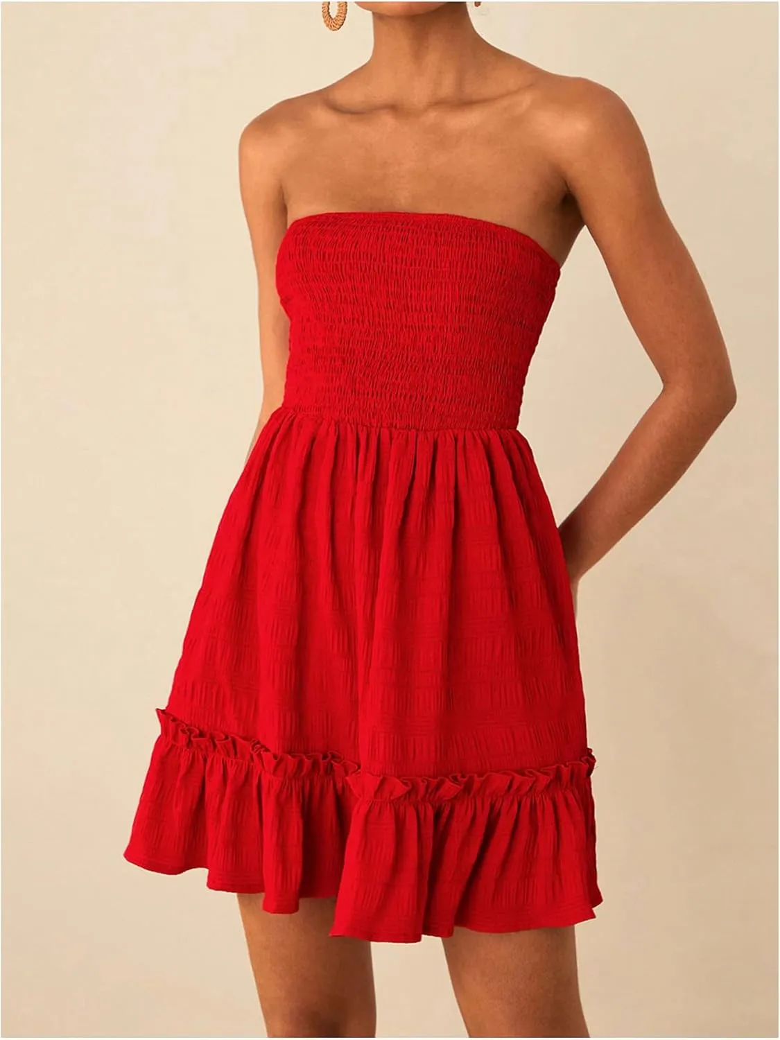 MakeMeChic Women's Shirred Bandeau Mini Dress Strapless Ruffle Frill Trim A Line Dresses