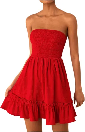 MakeMeChic Women's Shirred Bandeau Mini Dress Strapless Ruffle Frill Trim A Line Dresses