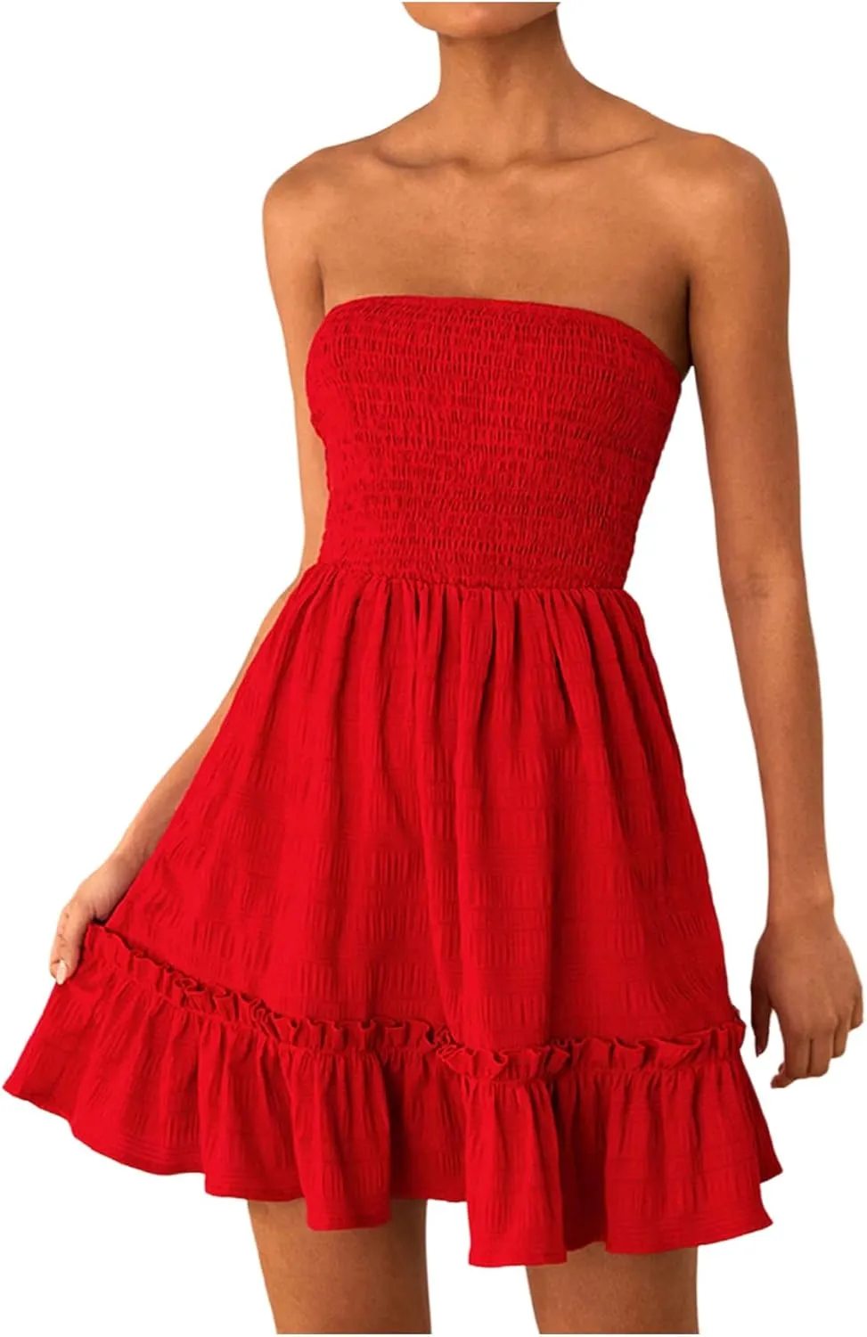 MakeMeChic Women's Shirred Bandeau Mini Dress Strapless Ruffle Frill Trim A Line Dresses
