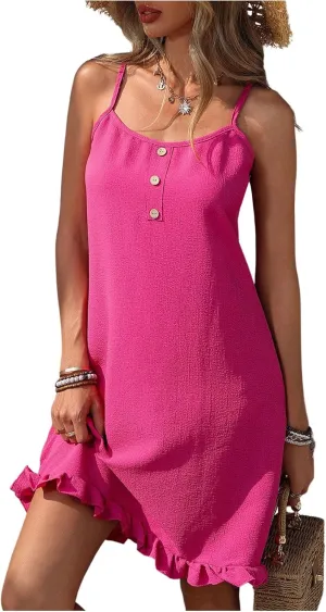 MakeMeChic Women's Summer Mini Dresses Spaghetti Straps Button Front Cami Dress Ruffle Hem Vacation Dresses