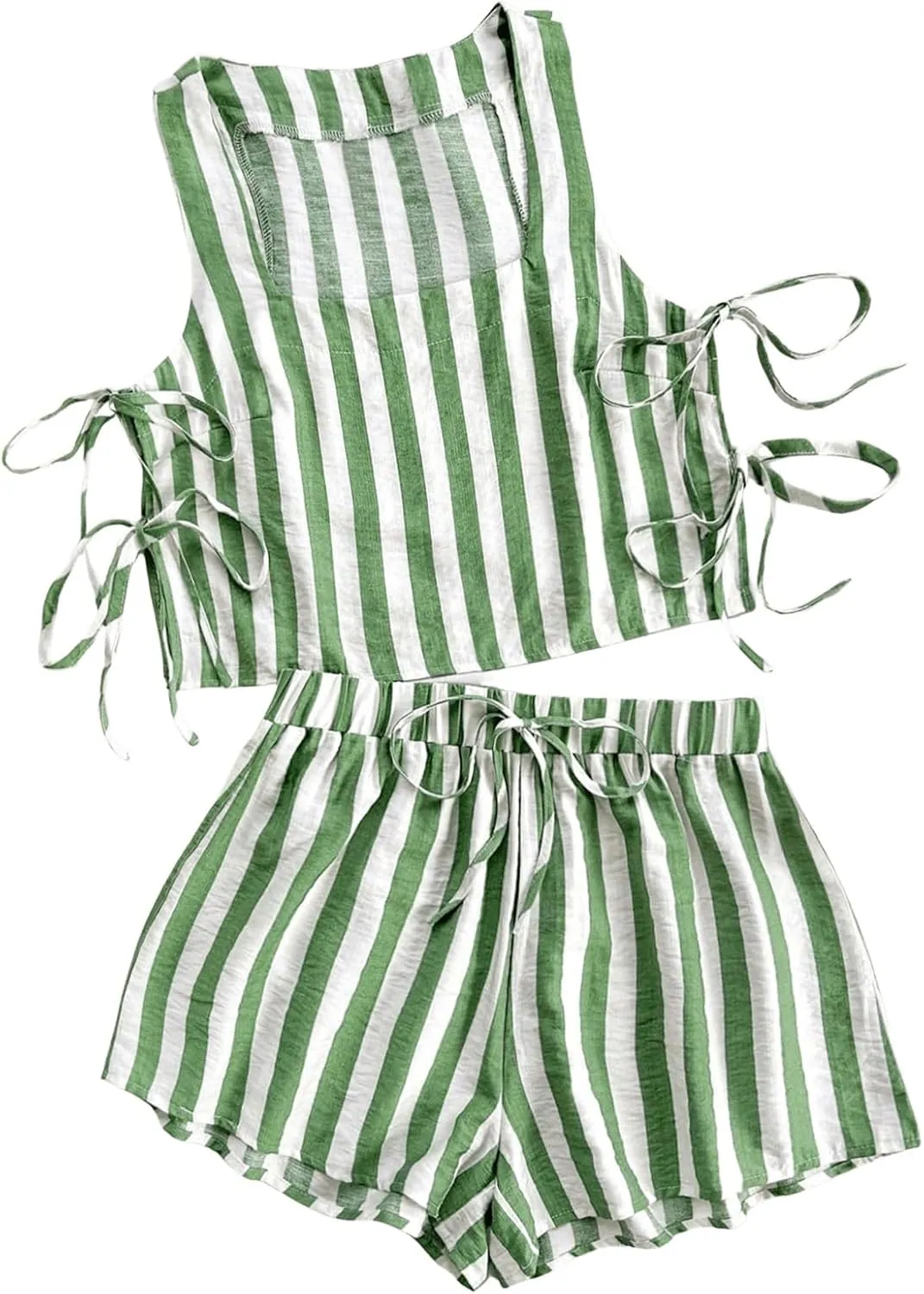 MakeMeChic Women's Summer Two Piece Outfit Striped Bow Square Neck Sleeveless Crop Tops and Shorts Set