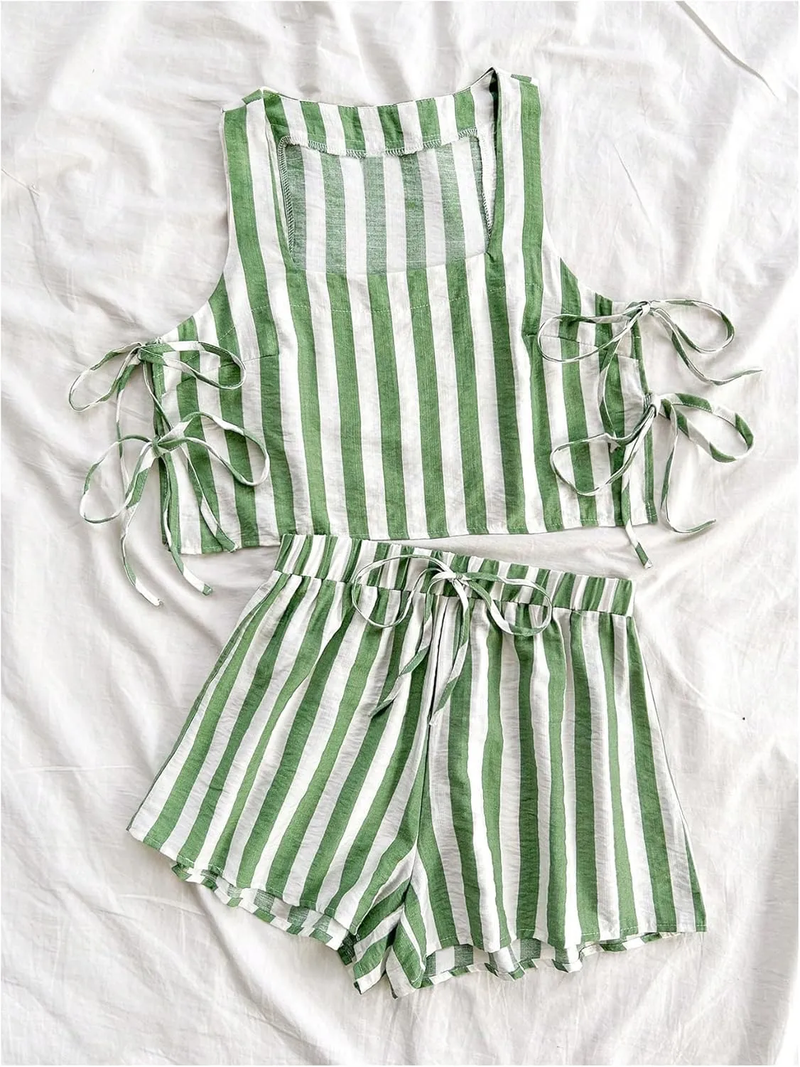 MakeMeChic Women's Summer Two Piece Outfit Striped Bow Square Neck Sleeveless Crop Tops and Shorts Set