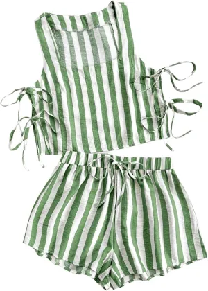MakeMeChic Women's Summer Two Piece Outfit Striped Bow Square Neck Sleeveless Crop Tops and Shorts Set