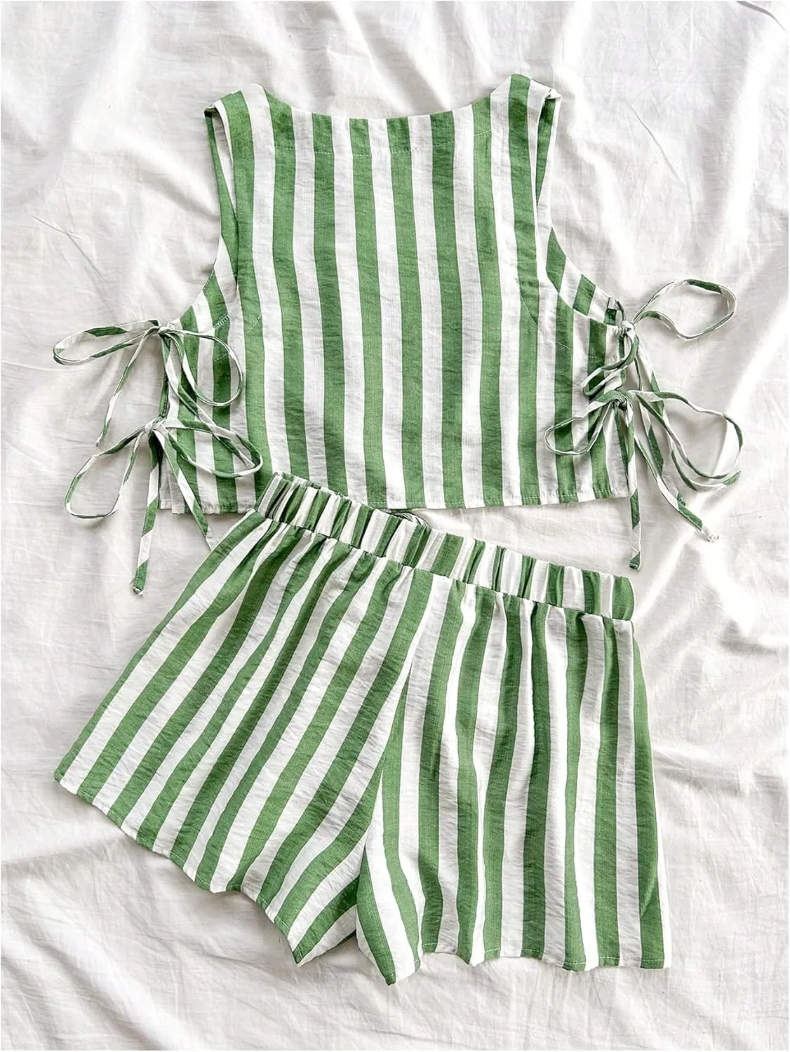 MakeMeChic Women's Summer Two Piece Outfit Striped Bow Square Neck Sleeveless Crop Tops and Shorts Set