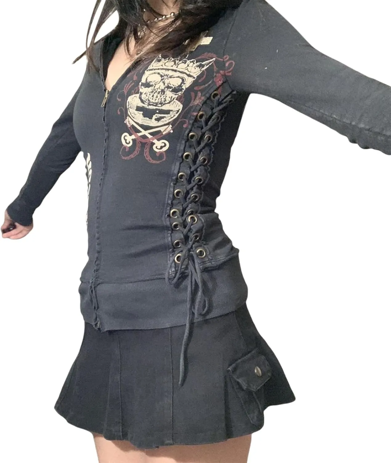 Meiweileya Y2k Womens Zip Up Fairy Grunge Oversized Hoodies Long Sleeve Aesthetic Skeleton Graphic Streetwear Jackets