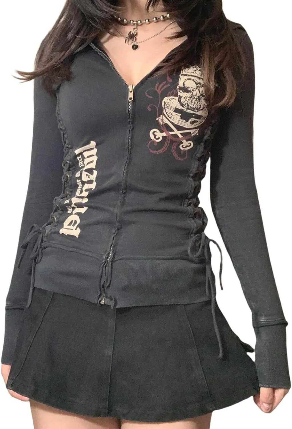 Meiweileya Y2k Womens Zip Up Fairy Grunge Oversized Hoodies Long Sleeve Aesthetic Skeleton Graphic Streetwear Jackets