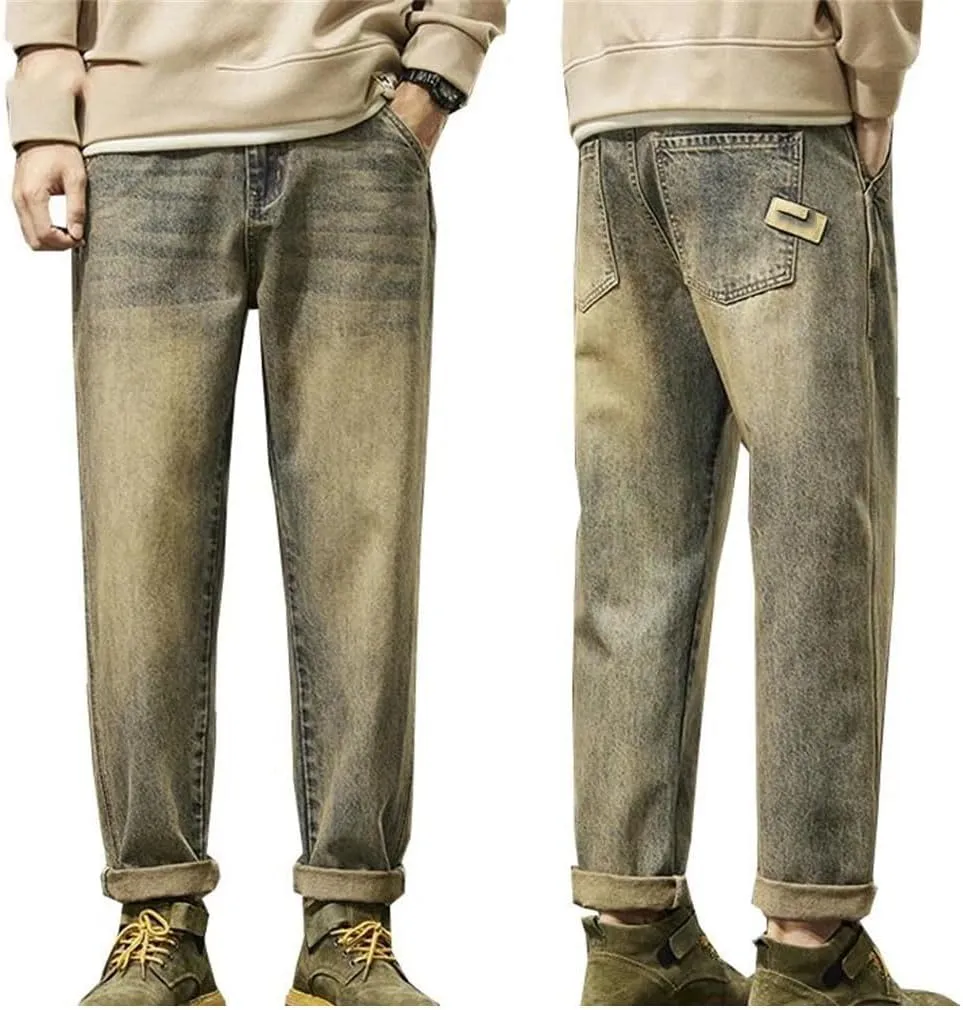 Men Harem Pants Denim Trousers Retro Blue Paches Pockets Trousers Vintage Loose Jeans