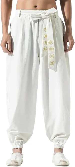 Men Hippie Harem Pants Baggy Linen Casual Drop Crotch Trouser Men's Casual Jogger Pants with Elastic Waist