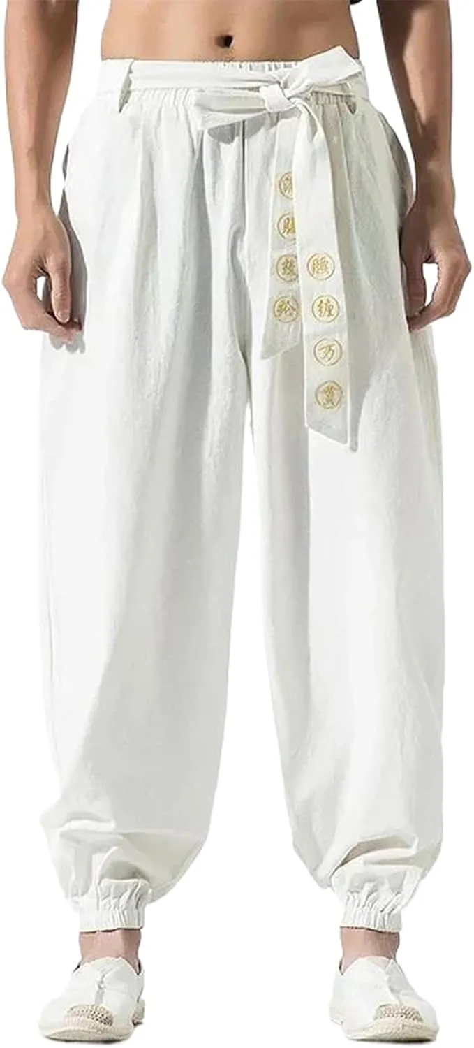 Men Hippie Harem Pants Baggy Linen Casual Drop Crotch Trouser Men's Casual Jogger Pants with Elastic Waist