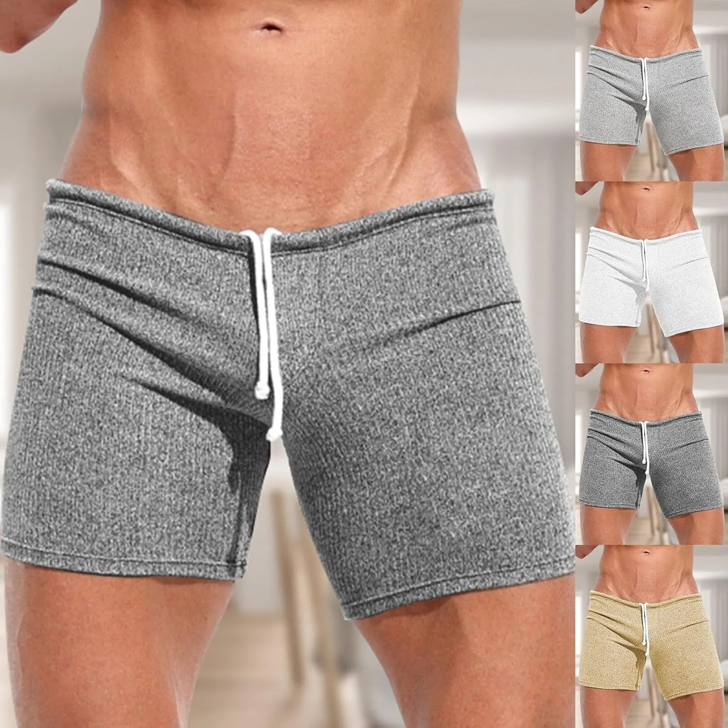 Men Trunks Athletic Gym Shorts Sexy Low Waist Drawstring Fitness Bodybuilding Capris Stretch Muscle Casual Beach Pant