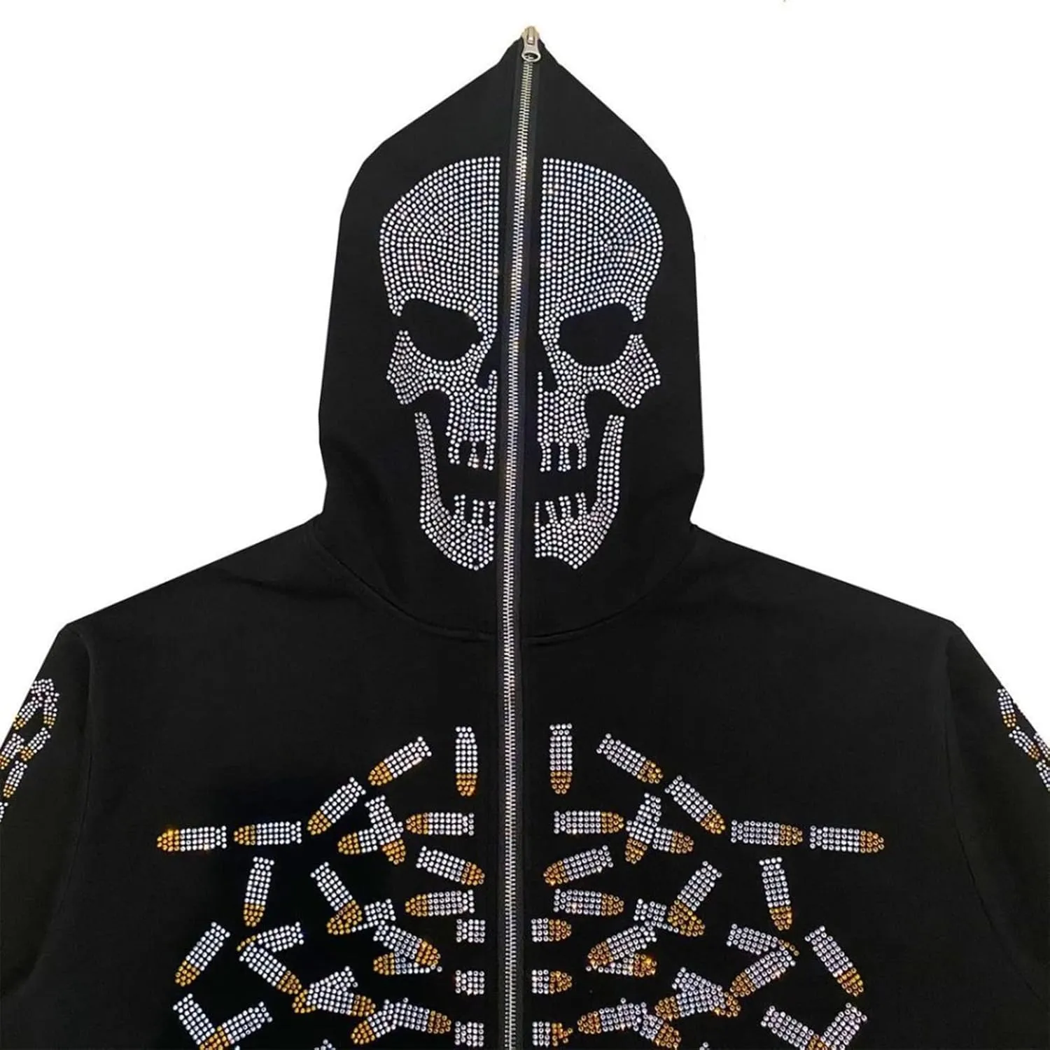 Men Womens Skeleton Zip Up Hoodie Y2k Oversized Rhinestone Skull Hooded Graphic Sweatshirt Thin Aesthetic Jackets