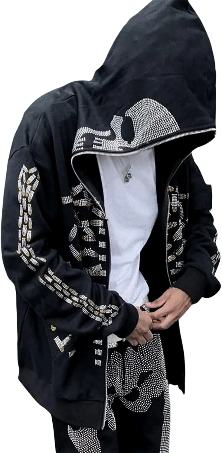 Men Womens Skeleton Zip Up Hoodie Y2k Oversized Rhinestone Skull Hooded Graphic Sweatshirt Thin Aesthetic Jackets
