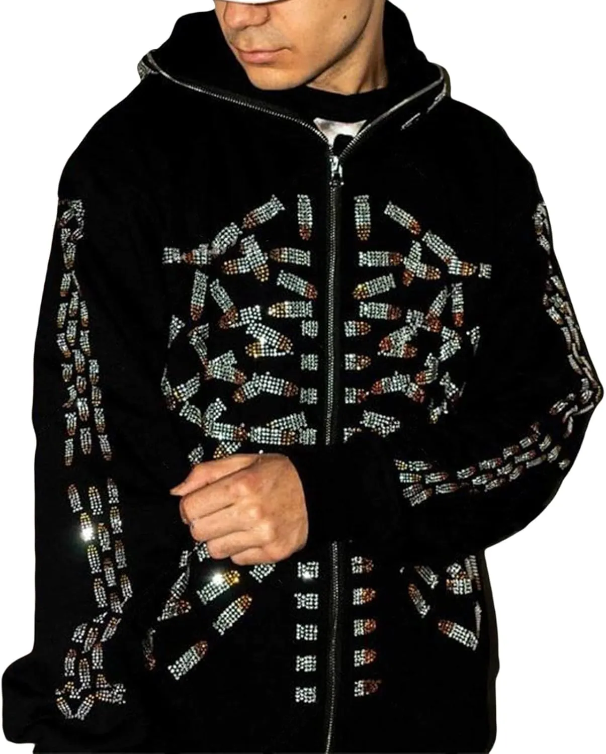 Men Womens Skeleton Zip Up Hoodie Y2k Oversized Rhinestone Skull Hooded Graphic Sweatshirt Thin Aesthetic Jackets