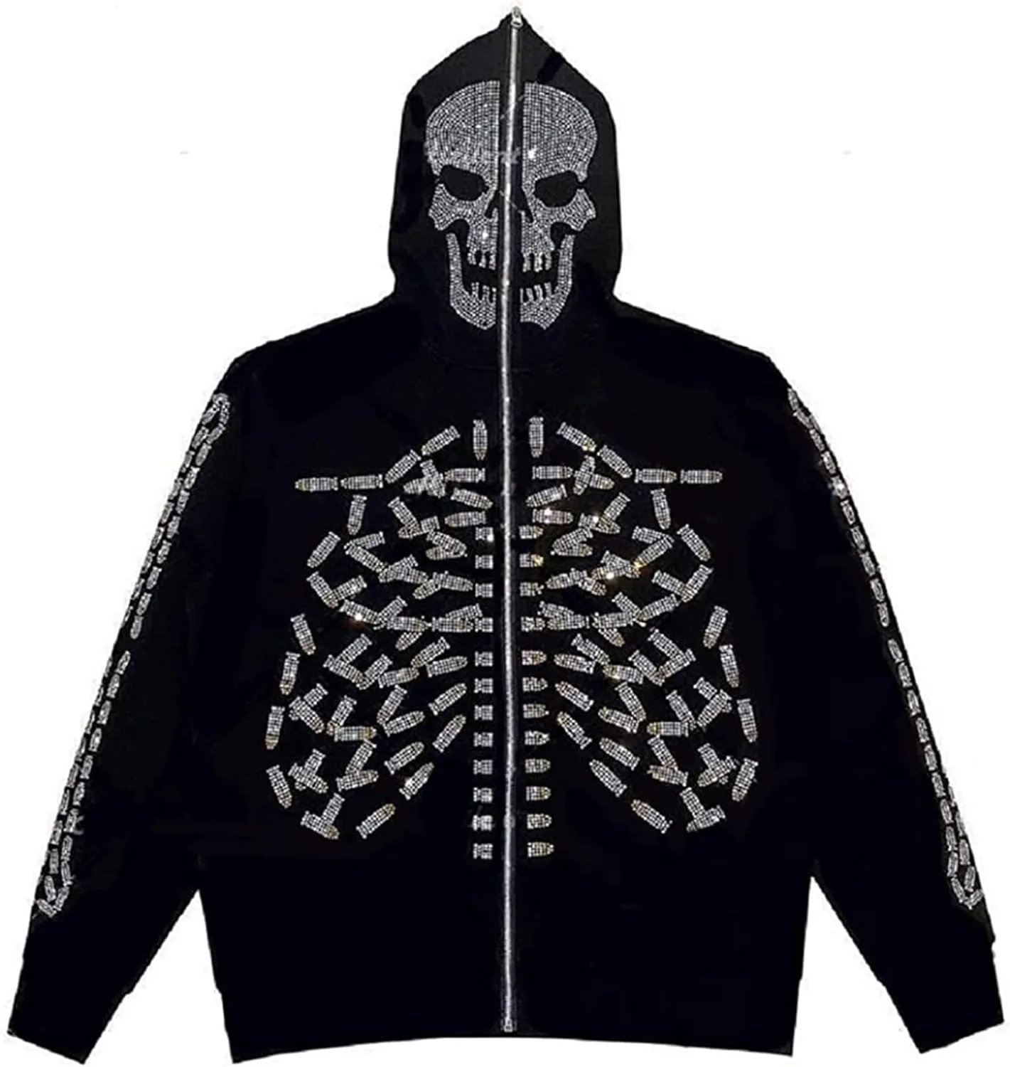 Men Womens Skeleton Zip Up Hoodie Y2k Oversized Rhinestone Skull Hooded Graphic Sweatshirt Thin Aesthetic Jackets