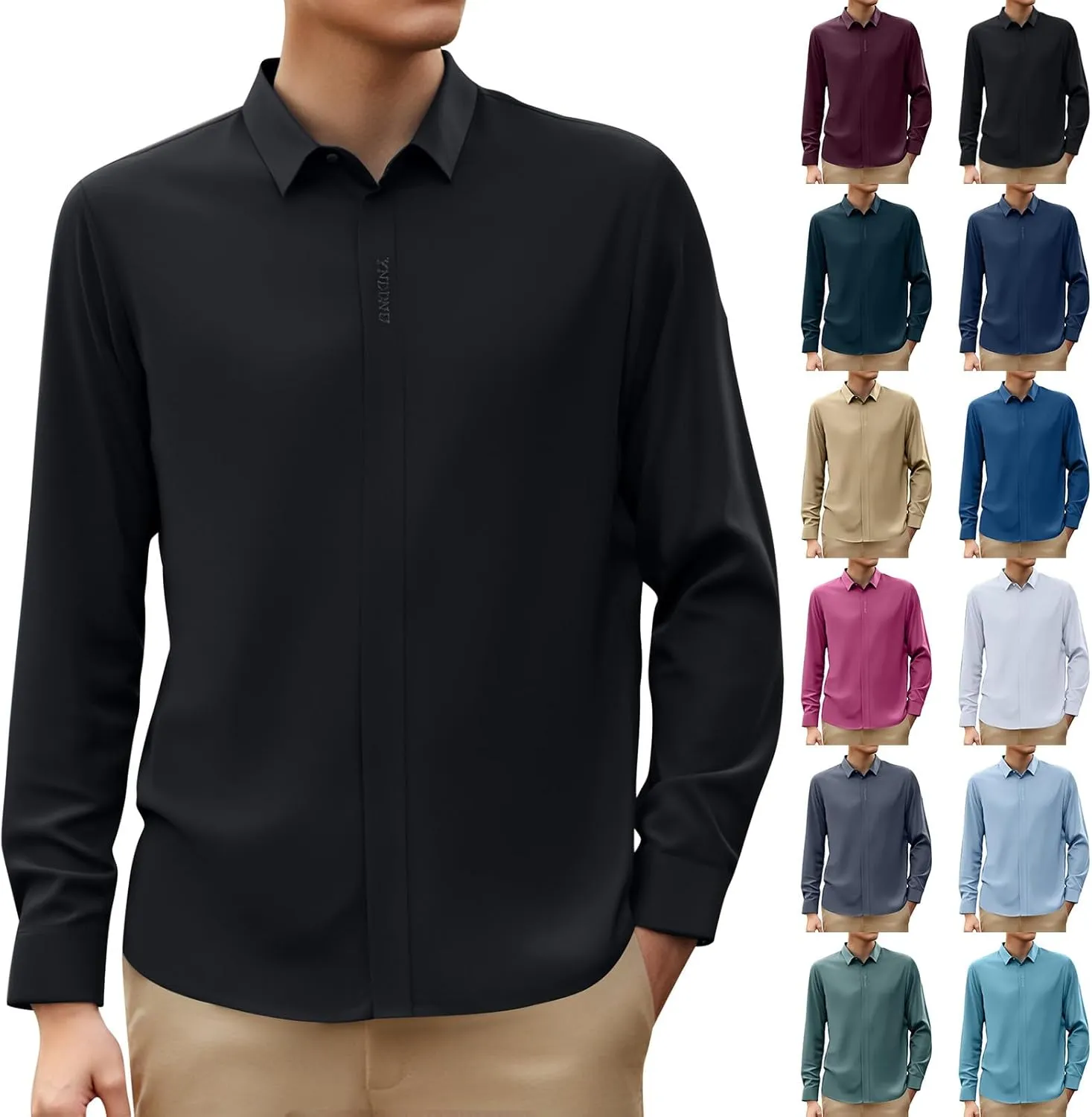 Mens Button Down Shirts Long Sleeve Stretch BlousesTop Solid Color Casual Undershirts Sofy Comfy Activewear Shirts