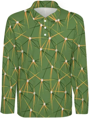Mens Cactus Polo Shirts Quick-Dry Moisture Wicking 3D Print Long Sleeve Golf Shirts