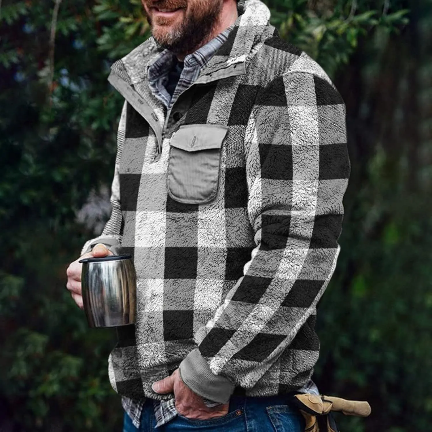 Mens Clothes Turtleneck Plush Sweater Men's Button Pullover Plush Sweater with Pocket Quick Dry Polyester Tshirts