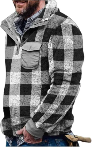 Mens Clothes Turtleneck Plush Sweater Men's Button Pullover Plush Sweater with Pocket Quick Dry Polyester Tshirts