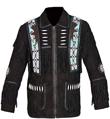 Mens Leather Buckskin Mountain Man Reenactment Suede Leather Native American Red Indian Fringes Beaded Jackets Warshirt