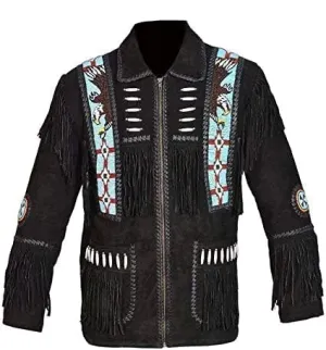 Mens Leather Buckskin Mountain Man Reenactment Suede Leather Native American Red Indian Fringes Beaded Jackets Warshirt