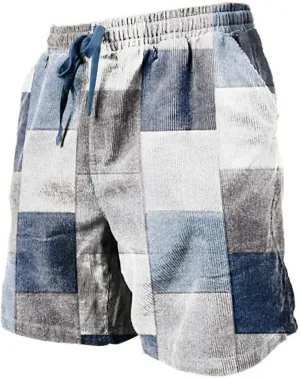 Mens Linen Plaid Bermuda Shorts Ethnic Pattern Jogger Shorts Summer Straight Drawstring Beach Short with Pockets