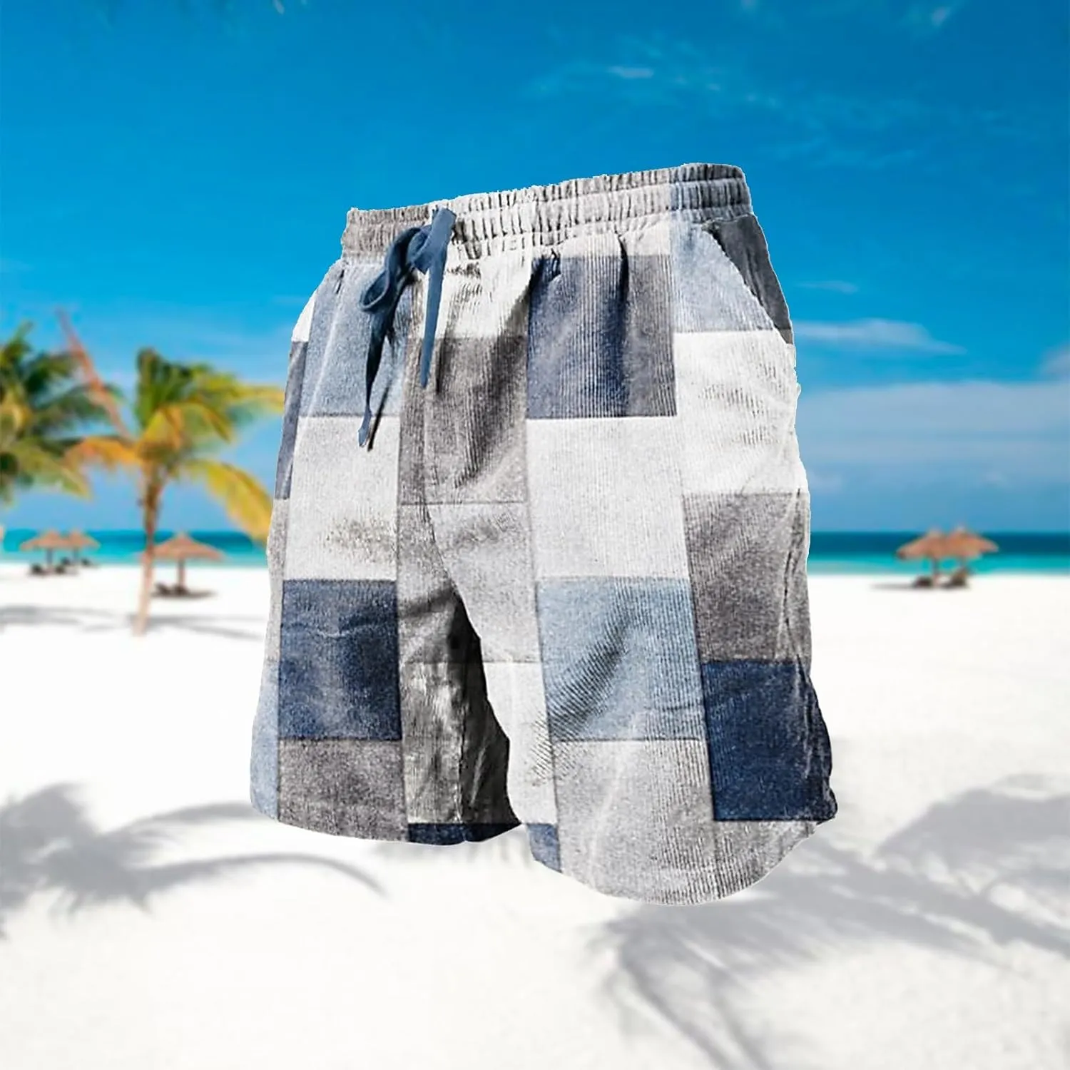 Mens Linen Plaid Bermuda Shorts Ethnic Pattern Jogger Shorts Summer Straight Drawstring Beach Short with Pockets