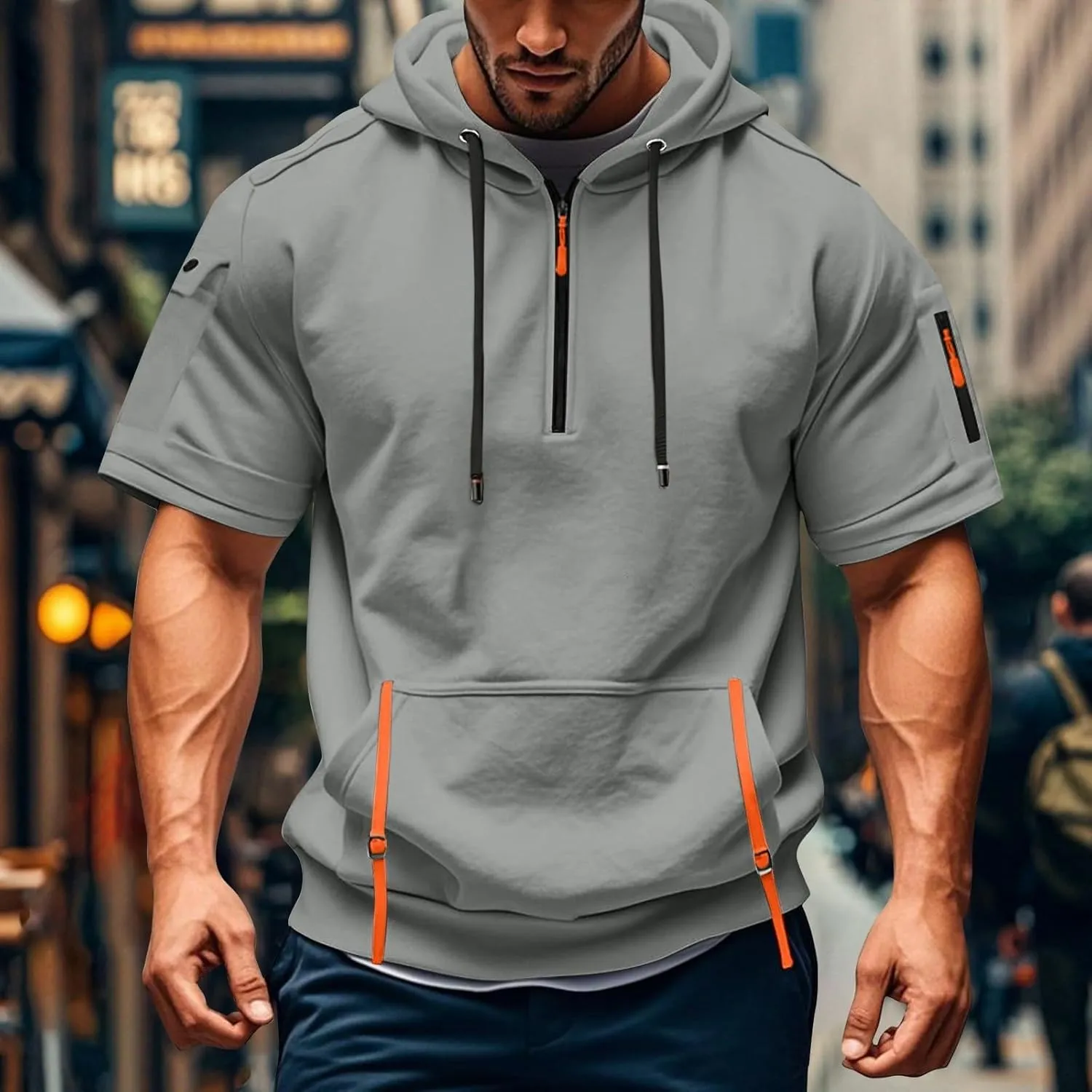 Mens Short Sleeve Hoodies Casual Lightweight Quarter Zip Hooded Sweatshirt Athletic Gym Workout T Shirts with Pocket