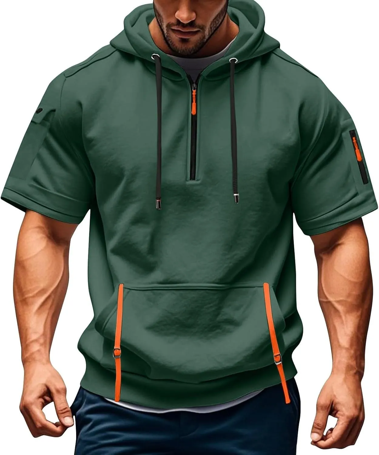 Mens Short Sleeve Hoodies Casual Lightweight Quarter Zip Hooded Sweatshirt Athletic Gym Workout T Shirts with Pocket