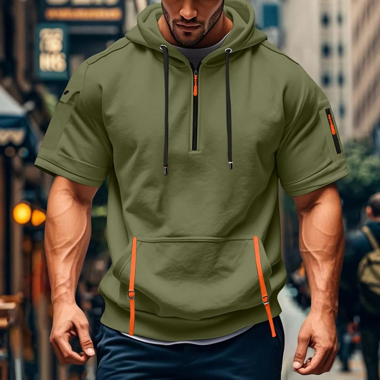 Mens Short Sleeve Hoodies Casual Lightweight Quarter Zip Hooded Sweatshirt Athletic Gym Workout T Shirts with Pocket
