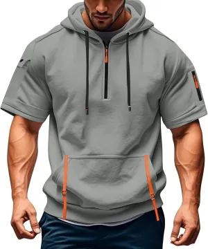 Mens Short Sleeve Hoodies Casual Lightweight Quarter Zip Hooded Sweatshirt Athletic Gym Workout T Shirts with Pocket