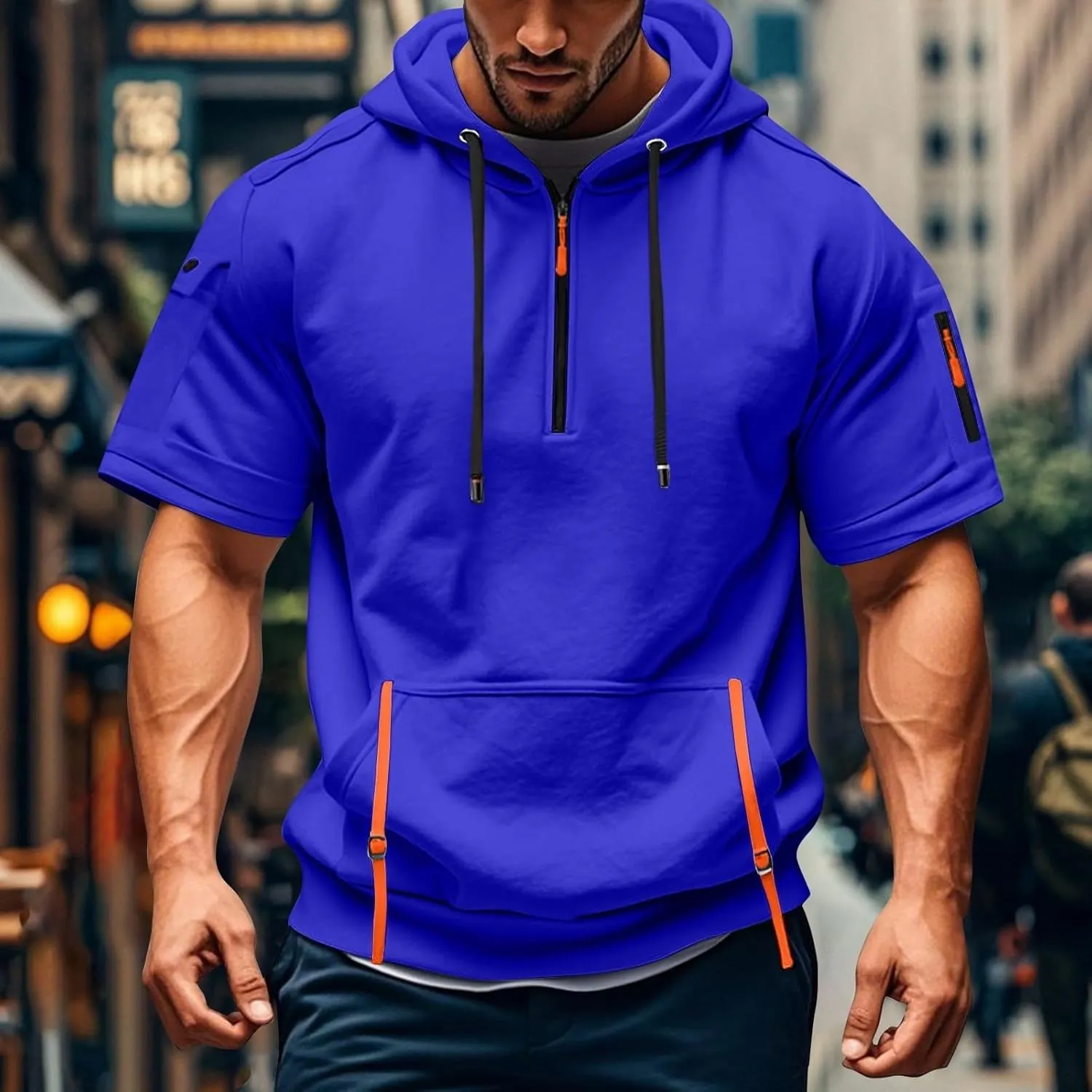Mens Short Sleeve Hoodies Casual Lightweight Quarter Zip Hooded Sweatshirt Athletic Gym Workout T Shirts with Pocket