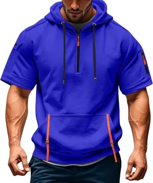 Mens Short Sleeve Hoodies Casual Lightweight Quarter Zip Hooded Sweatshirt Athletic Gym Workout T Shirts with Pocket