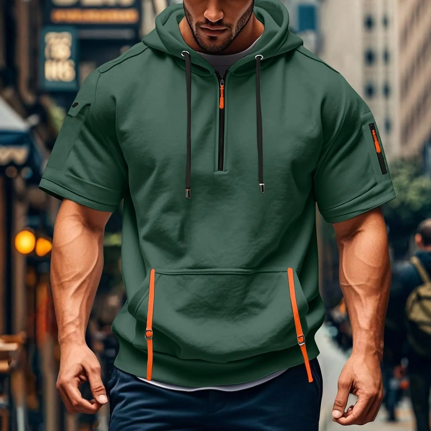Mens Short Sleeve Hoodies Casual Lightweight Quarter Zip Hooded Sweatshirt Athletic Gym Workout T Shirts with Pocket