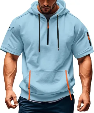 Mens Short Sleeve Hoodies Casual Lightweight Quarter Zip Hooded Sweatshirt Athletic Gym Workout T Shirts with Pocket