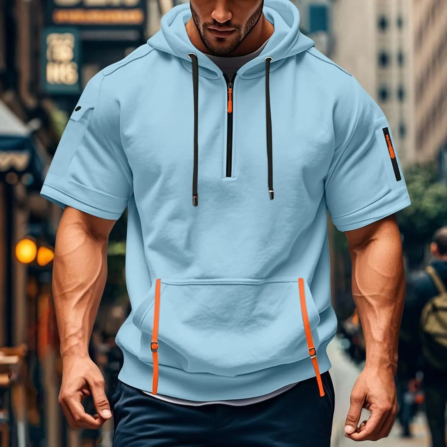Mens Short Sleeve Hoodies Casual Lightweight Quarter Zip Hooded Sweatshirt Athletic Gym Workout T Shirts with Pocket