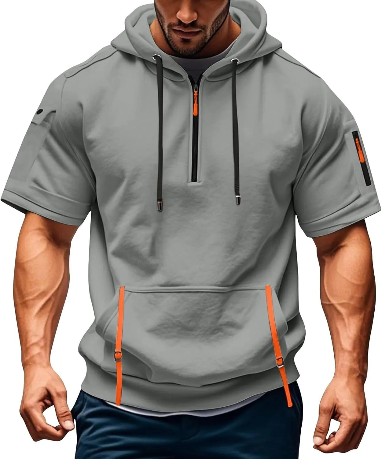 Mens Short Sleeve Hoodies Casual Lightweight Quarter Zip Hooded Sweatshirt Athletic Gym Workout T Shirts with Pocket