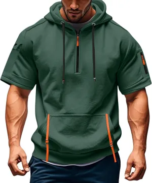 Mens Short Sleeve Hoodies Casual Lightweight Quarter Zip Hooded Sweatshirt Athletic Gym Workout T Shirts with Pocket