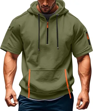 Mens Short Sleeve Hoodies Casual Lightweight Quarter Zip Hooded Sweatshirt Athletic Gym Workout T Shirts with Pocket