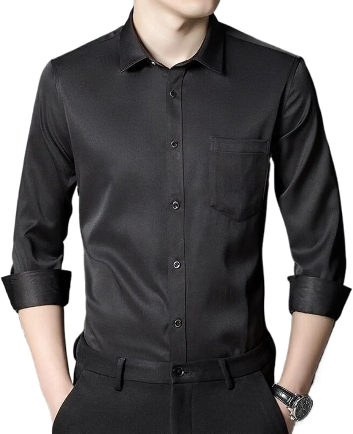 Men's Slim Fit Long Sleeve Solid Color Business Casual Shirt Korean Style Work Shirt