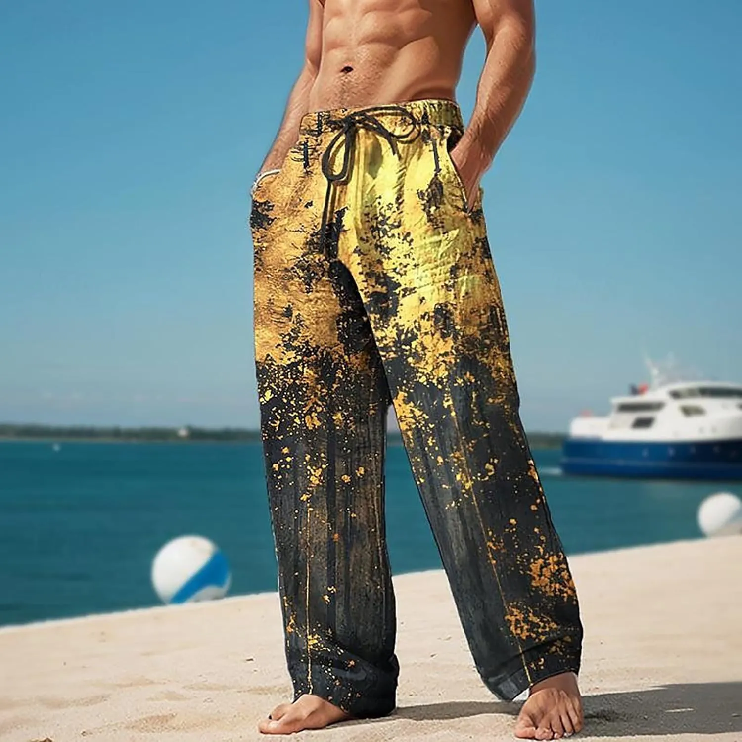 Mens Summer Casual Beach Pants Drawstring Elastic Waisted 3D Printed Fashion Trousers Holiday Vacation Combat Streetwear 2024