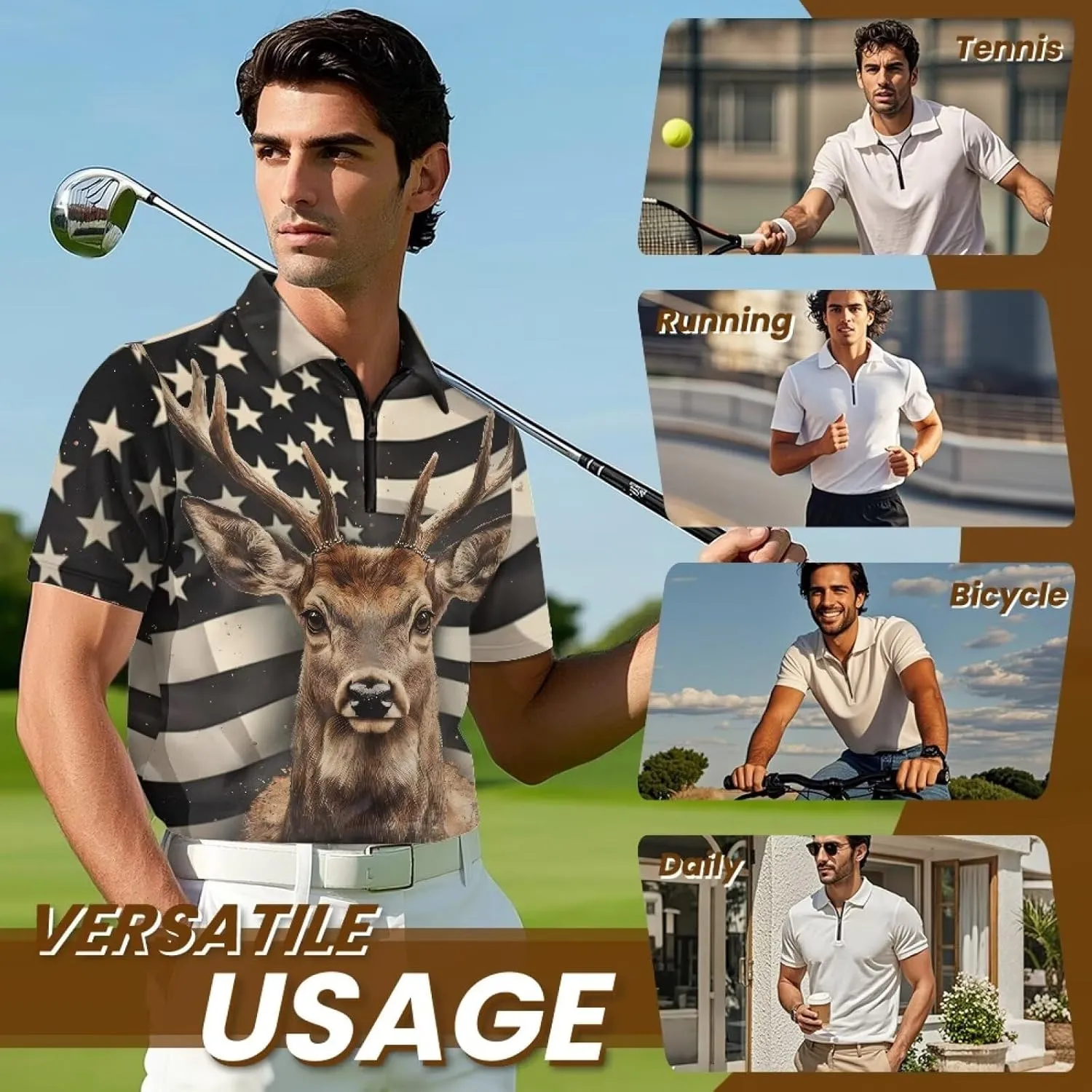 Men's Zipper Shirts Short Sleeve Golf Shirt Summer Athletic Tennis Shirt Casual Slim Fit Golf Shirts for Men
