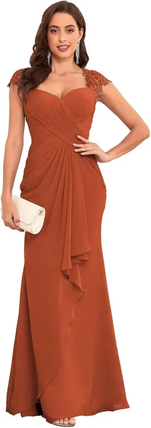 Mermaid Mother of The Bride Dresses for Wedding Cap Sleeves Chiffon Formal Dresses Ruffle Lace Appliques Evening Gown